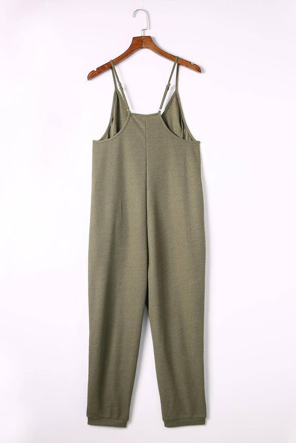 Waffle Knit V-Neck Tank Jumpsuit With Pockets