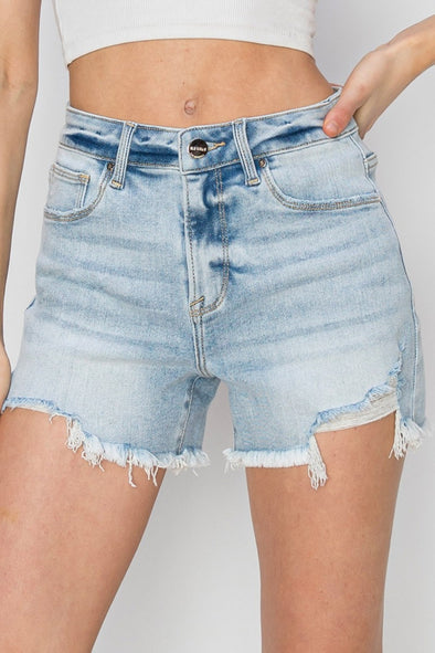 High Waist Frayed Detail Denim Shorts By Risen