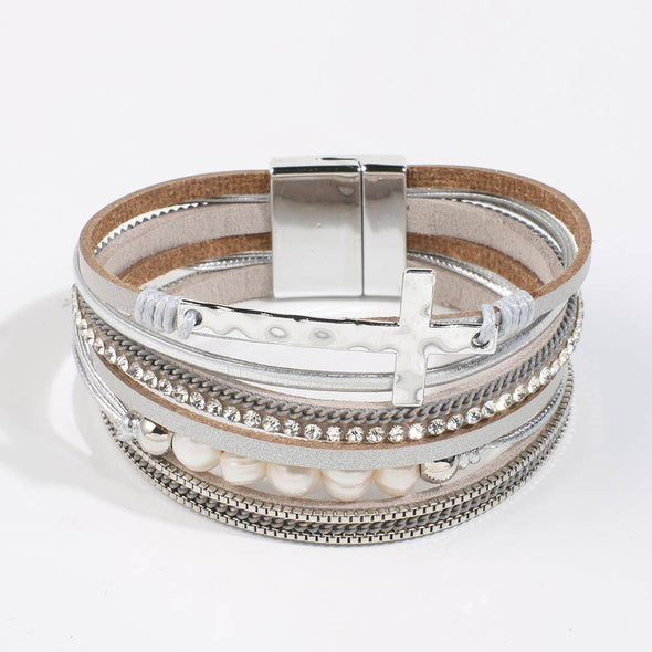 Boho Pearl Leather Wrap Bracelet With Magnetic Clasp