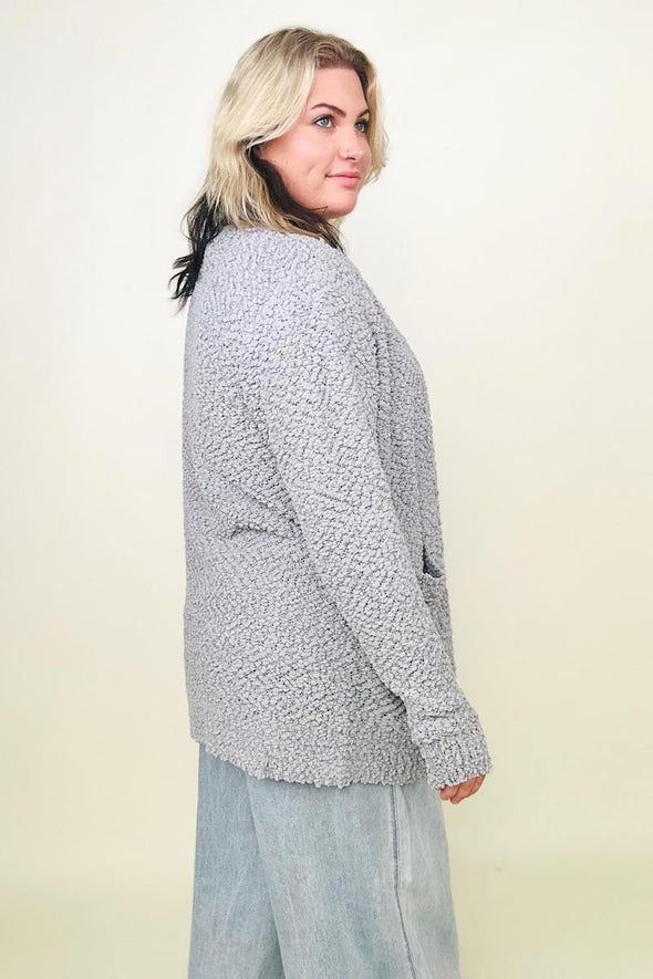 Long Sleeve Popcorn Sweater Cardigan with Pockets- 2 Colors