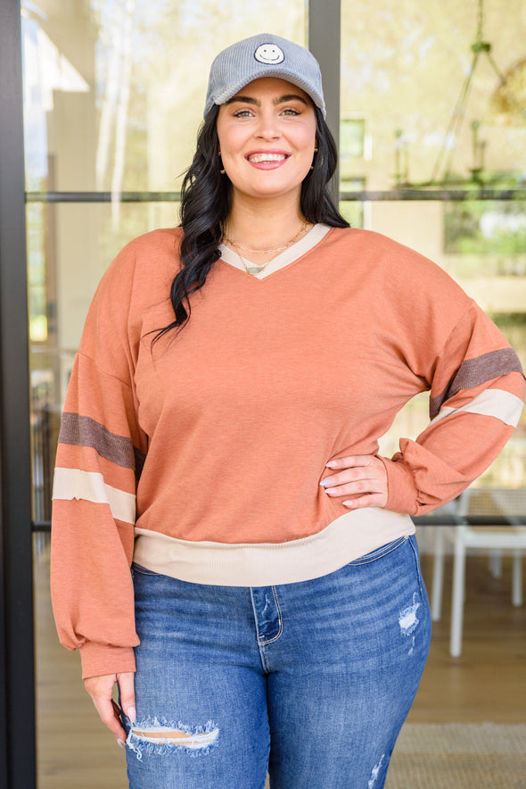 Back In Action Retro V-Neck Sweatshirt Top In Rust