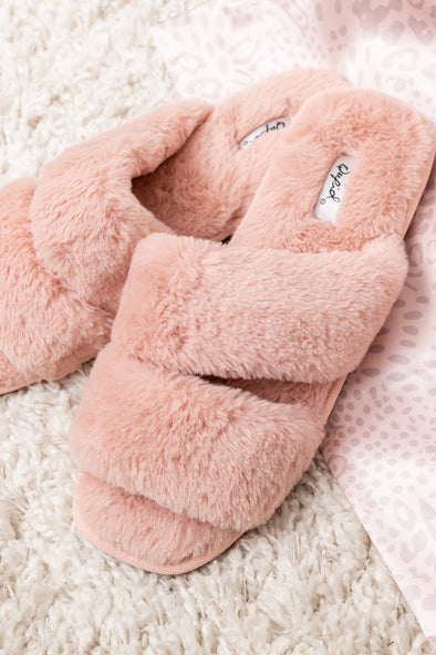 Double Strap Faux Fur Slippers In Blush