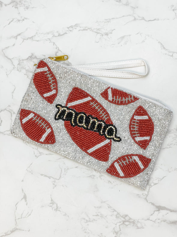 PREORDER: Glitzy Football Mama Beaded Zip Wristlet