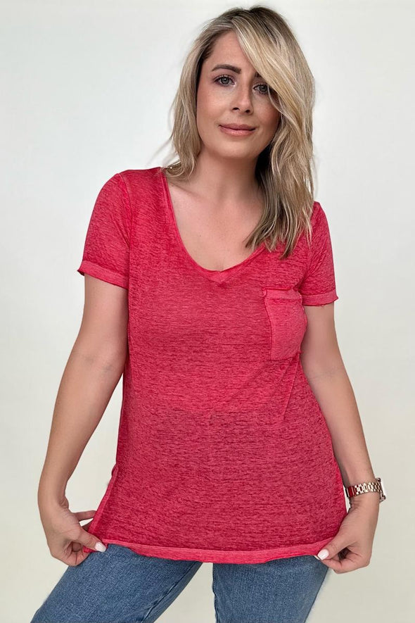 Washed Melange Burnout Scoop V-Neck Top- 3 colors