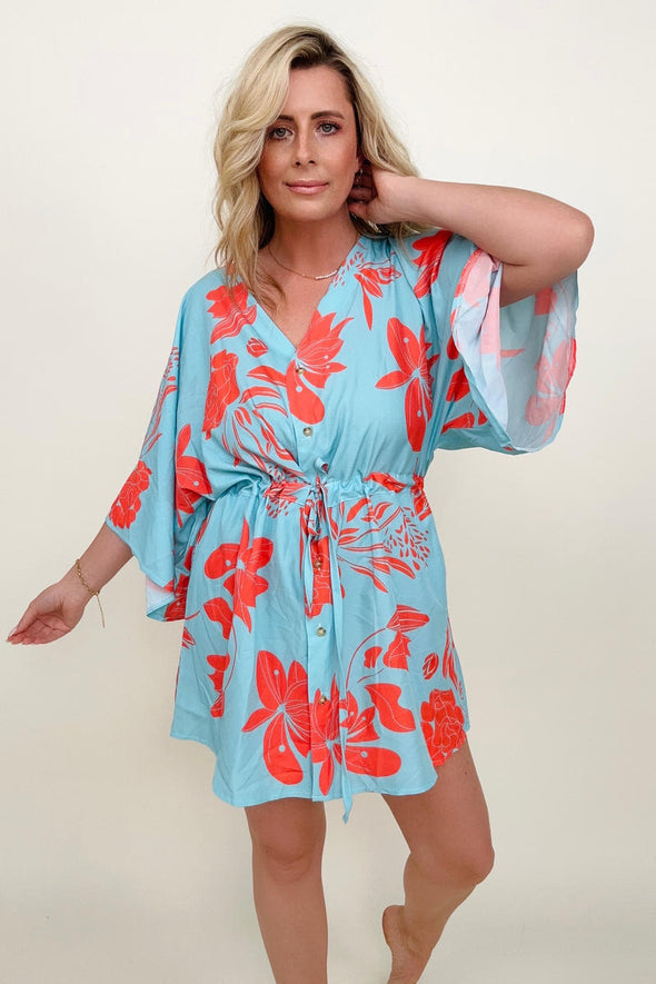 Floral Button Drawstring Batwing Sleeve Mini Dress