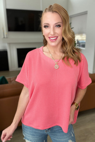 Textured Line Twisted Short Sleeve Top in Coral