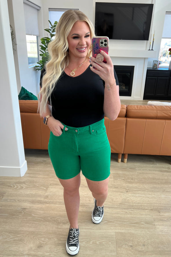 Jenna High Rise Control Top Cuffed Shorts in Green By Judy Blue