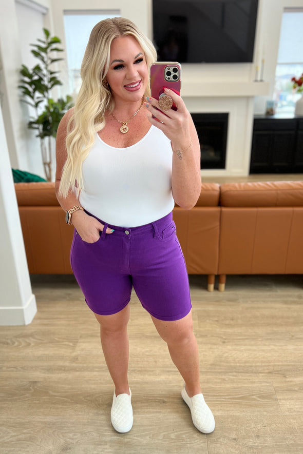 Jenna High Rise Control Top Cuffed Shorts in Purple By Judy Blue