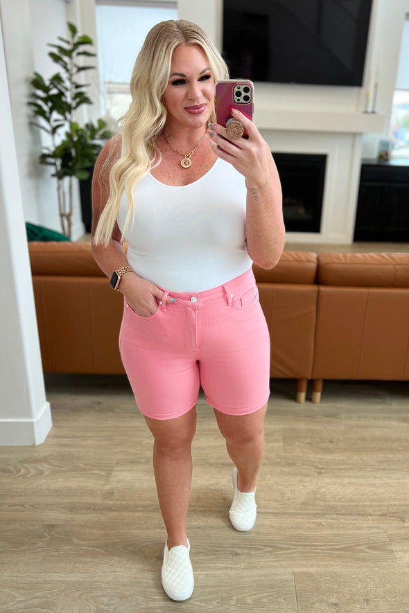 Jenna High Rise Control Top Cuffed Shorts in Pink By Judy Blue