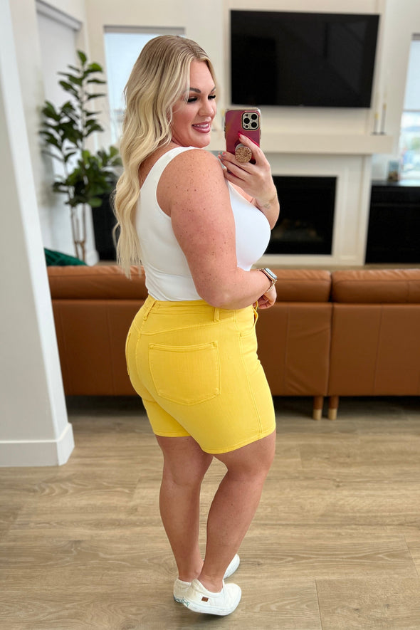 Jenna High Rise Control Top Cuffed Shorts in Yellow By Judy Blue