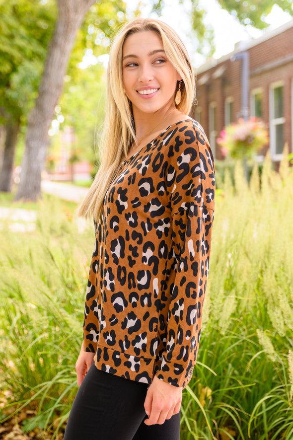 Just For Fun Long Sleeve V Neck Animal Print Top