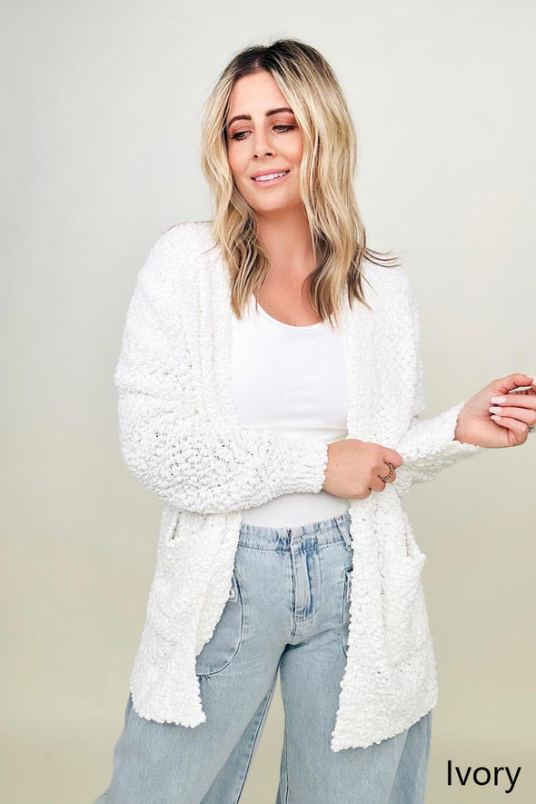 Long Sleeve Popcorn Sweater Cardigan with Pockets- 2 Colors