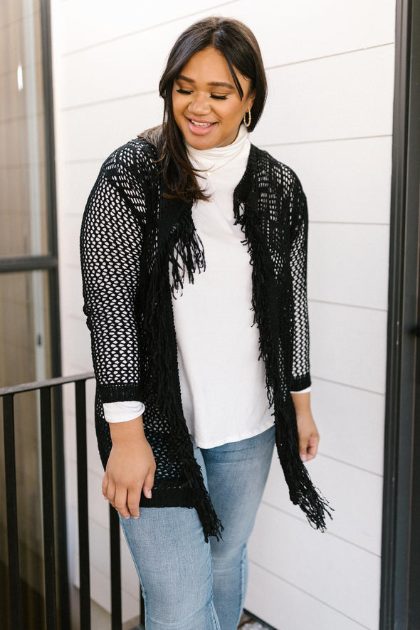 Knit And Fringe Cardigan in Black