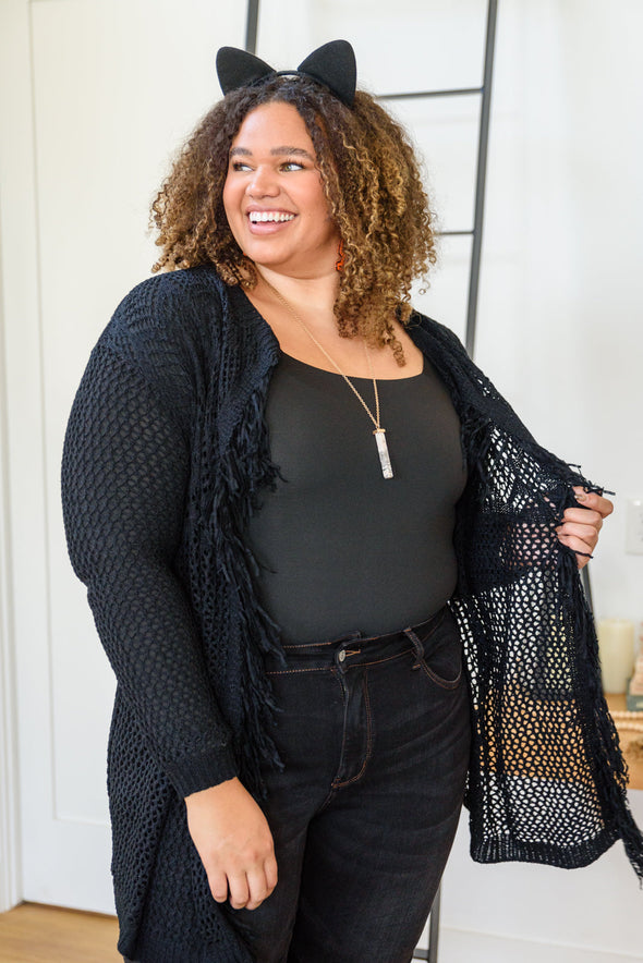 Knit And Fringe Cardigan in Black