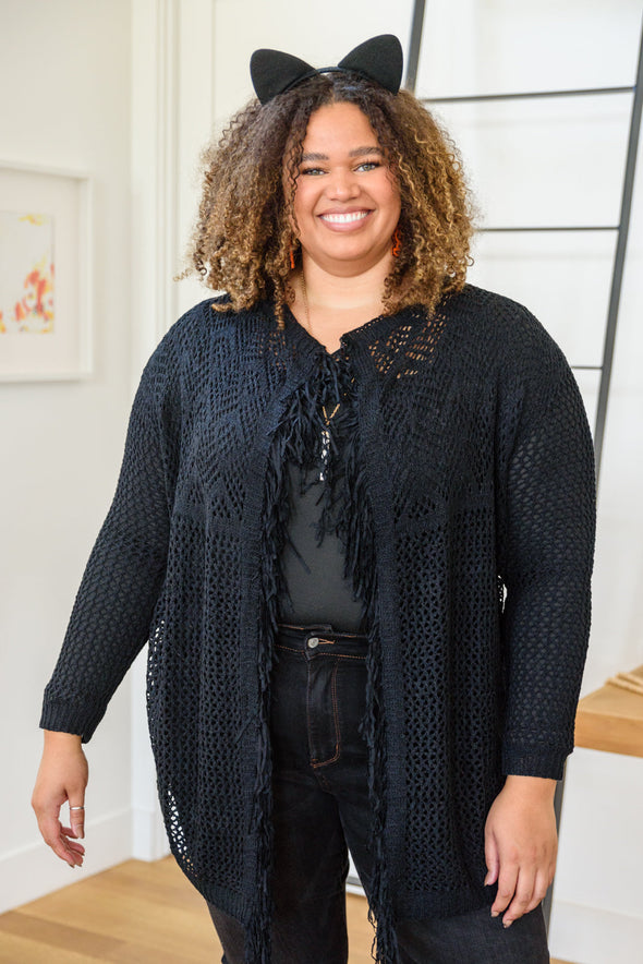 Knit And Fringe Cardigan in Black