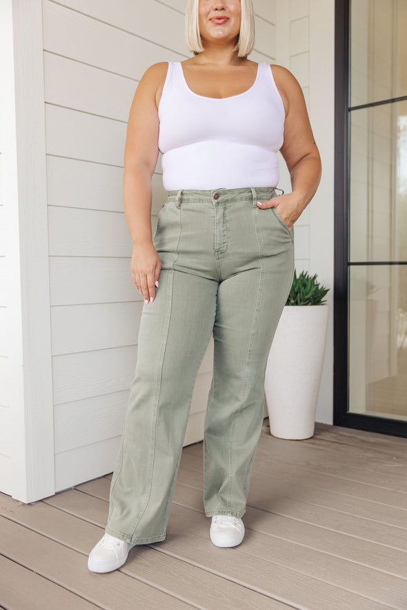 Phoebe High Rise Front Seam Straight Jeans in Sage By Judy Blue