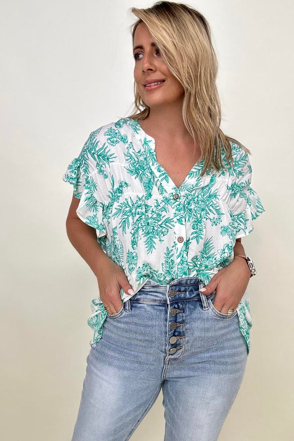 Floral Print Button Down Ruffle Sleeve Top- 2 colors