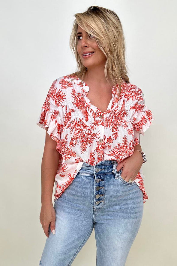 Floral Print Button Down Ruffle Sleeve Top- 2 colors