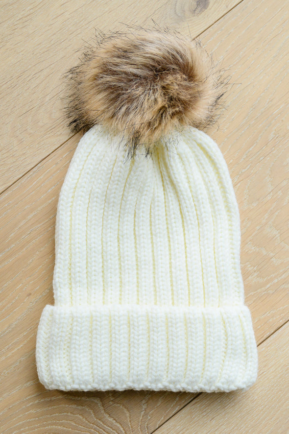 Rib Knit Beanie With Detachable Pom Pom In White