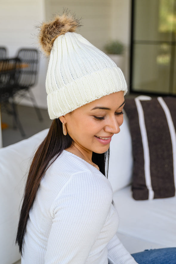 Rib Knit Beanie With Detachable Pom Pom In White