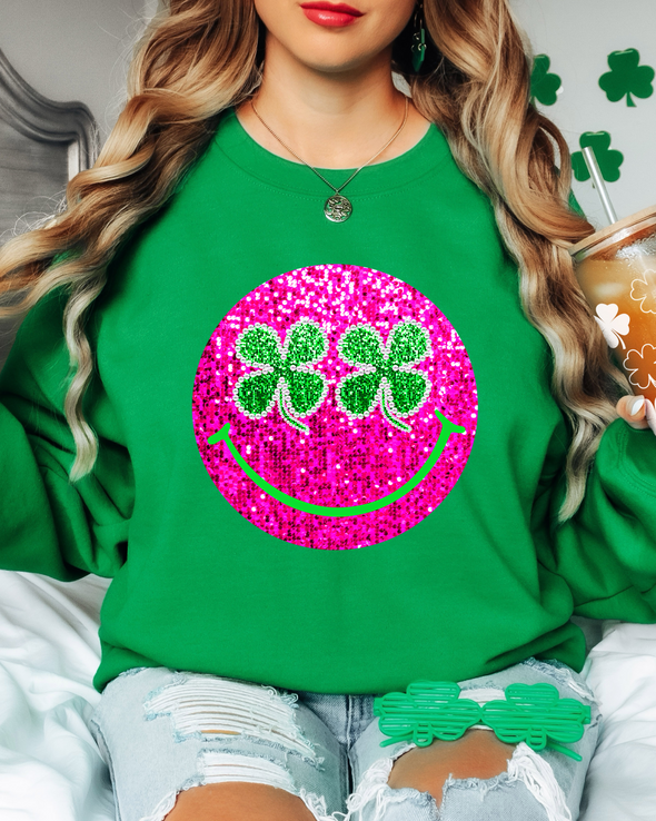 Smiley Faux Sparkle Shamrock Crewneck