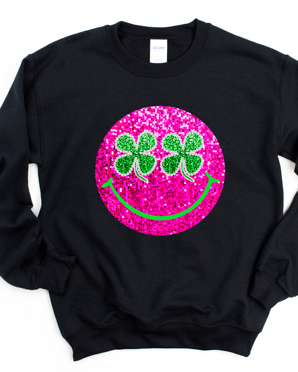 Smiley Faux Sparkle Shamrock Crewneck