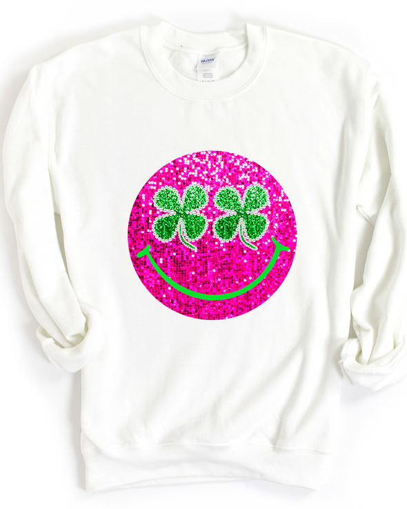 Smiley Faux Sparkle Shamrock Crewneck