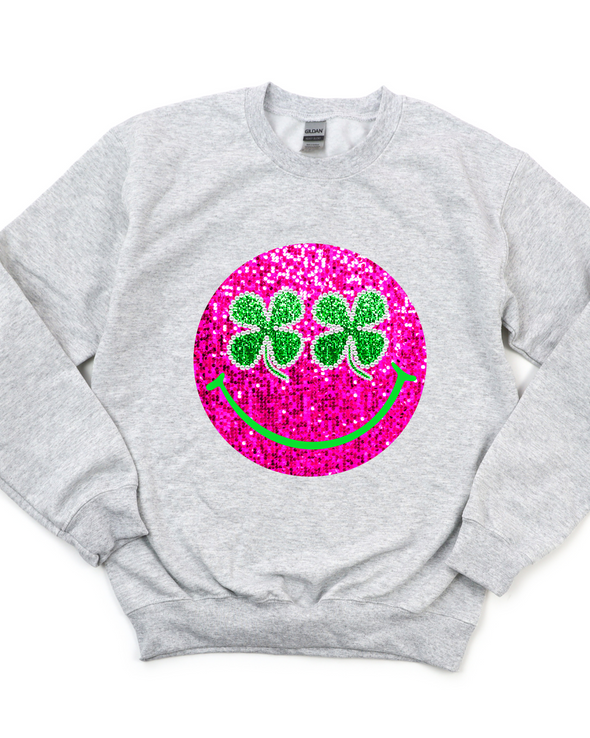 Smiley Faux Sparkle Shamrock Crewneck