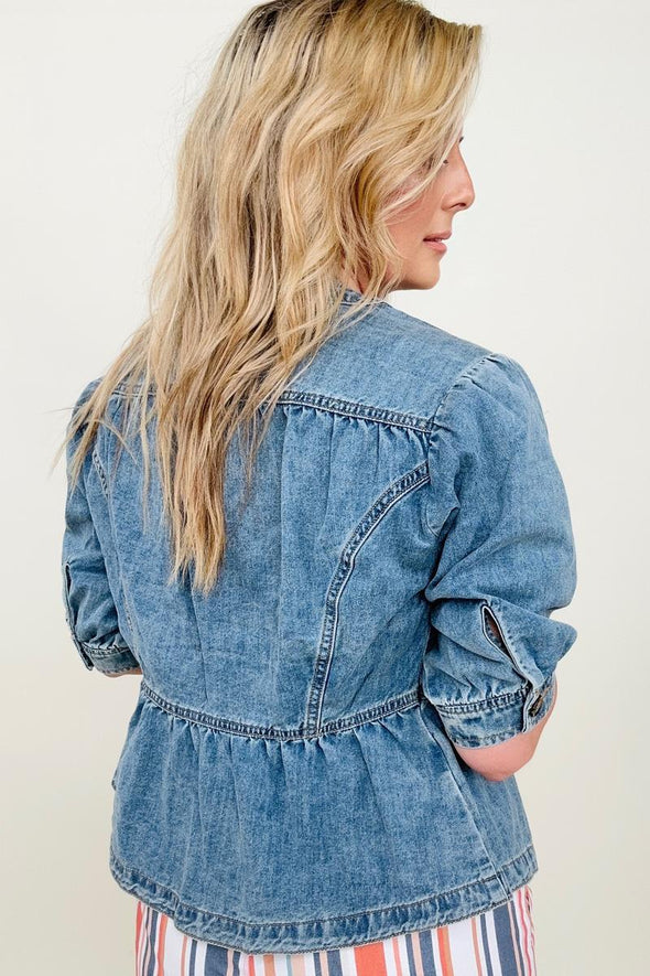 Half Sleeve Peplum Denim Jacket