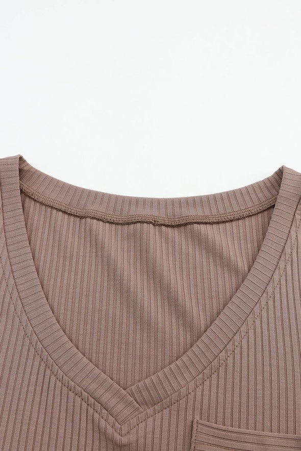 Ribbed Knit Long Sleeve V Neck Top With Chest Pocket