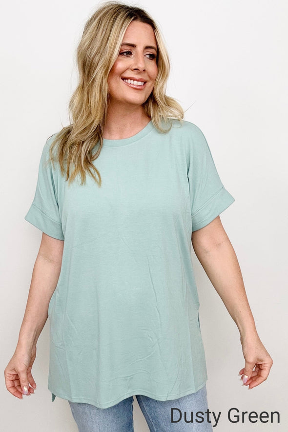 Cuffed Sleeve Side Slit High-Low Hem T-Shirt