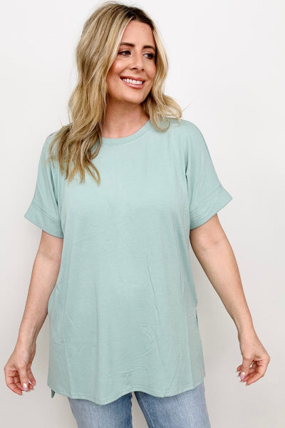 Cuffed Sleeve Side Slit High-Low Hem T-Shirt