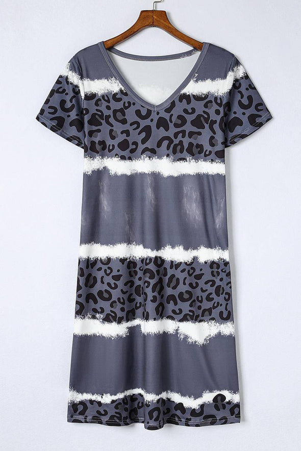 Leopard Colorblock V-Neck T-Shirt Dress