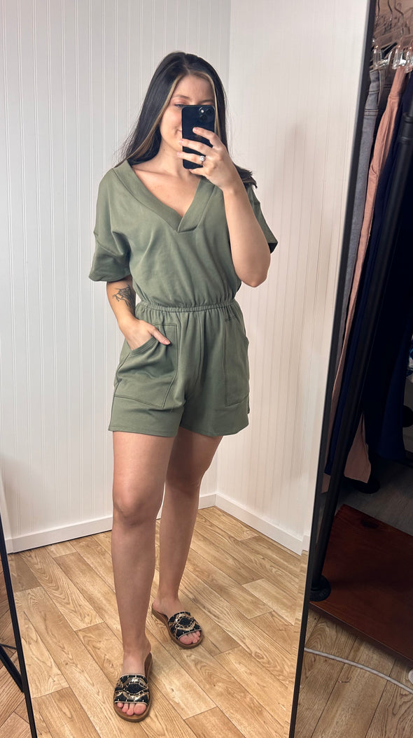 Drop Shoulder V-Neck Romper With Pockets