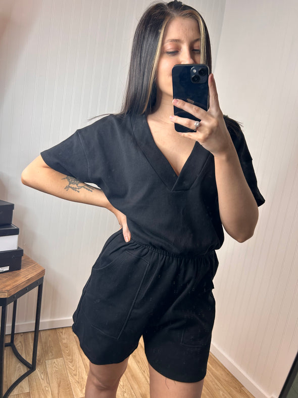 Drop Shoulder V-Neck Romper With Pockets