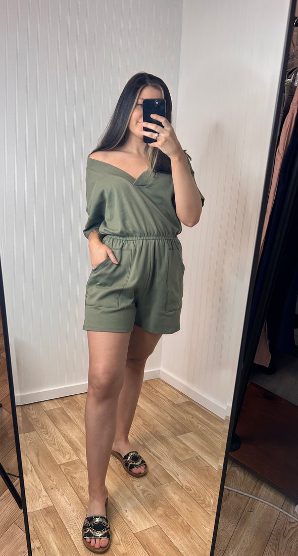 Drop Shoulder V-Neck Romper With Pockets