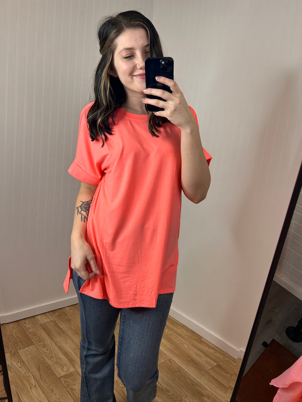 Cuffed Sleeve Side Slit High-Low Hem T-Shirt