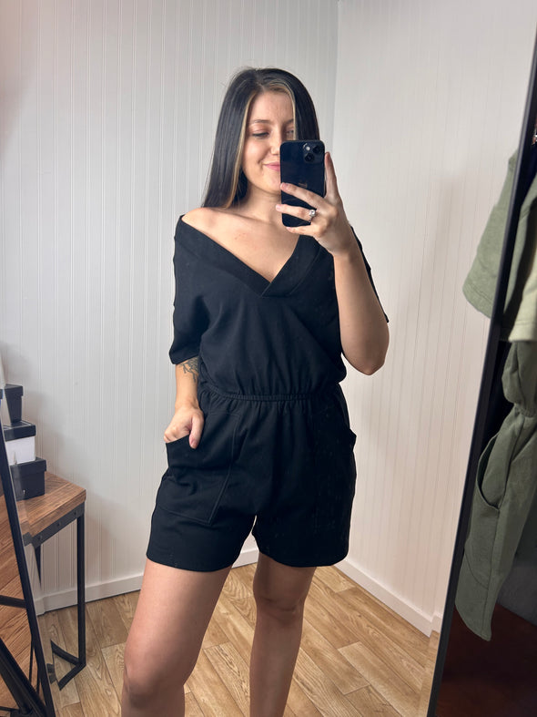 Drop Shoulder V-Neck Romper With Pockets