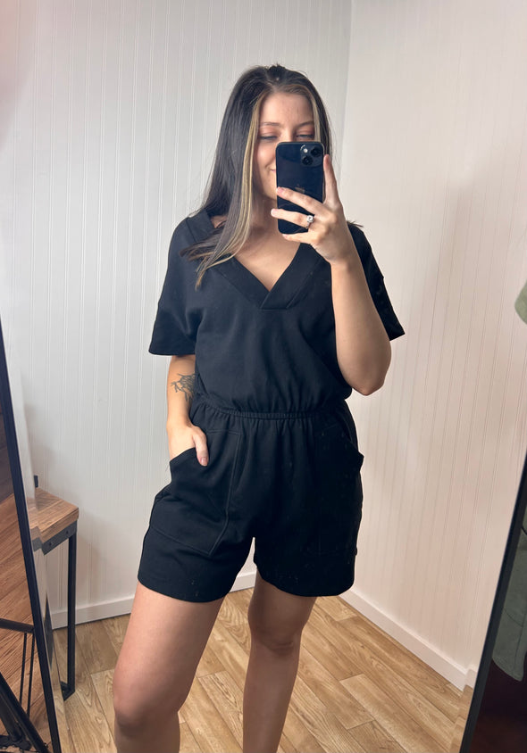 Drop Shoulder V-Neck Romper With Pockets