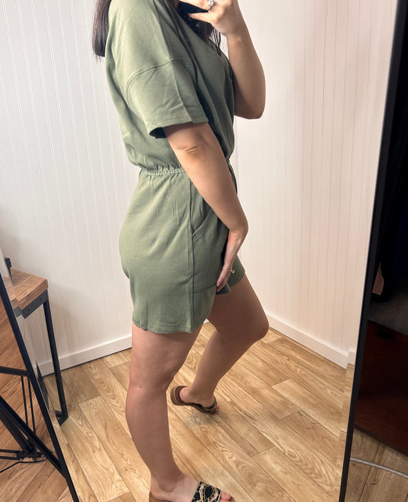 Drop Shoulder V-Neck Romper With Pockets