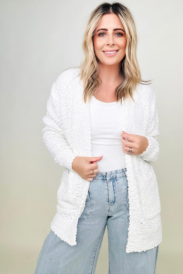 Long Sleeve Popcorn Sweater Cardigan with Pockets- 2 Colors