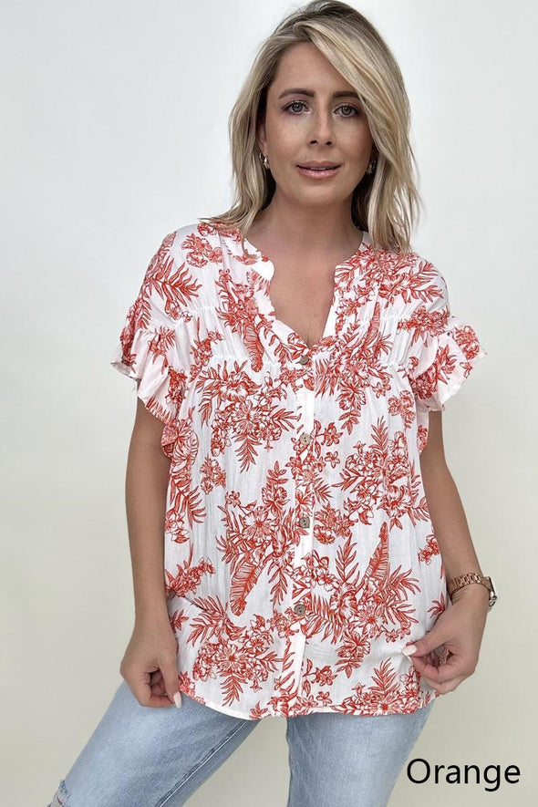 Floral Print Button Down Ruffle Sleeve Top- 2 colors