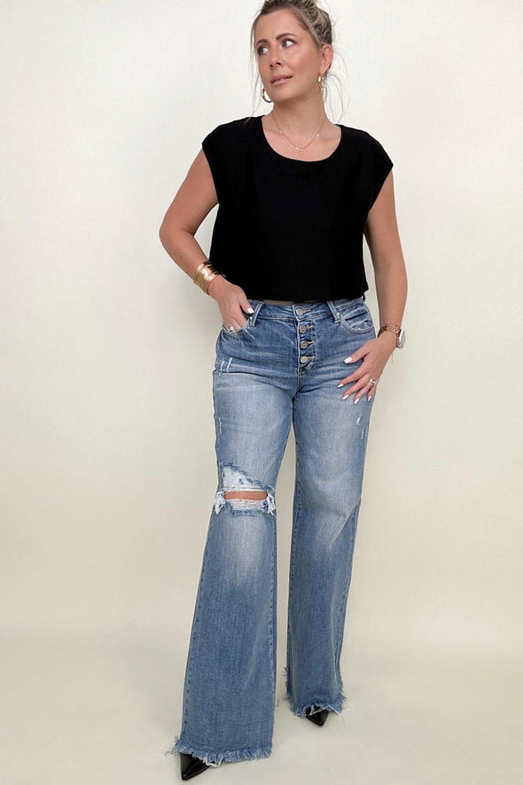 Risen Mid-Rise Button Down Wide Leg Jeans