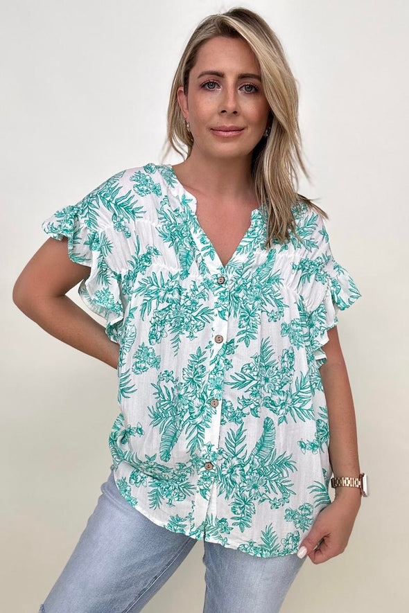 Floral Print Button Down Ruffle Sleeve Top- 2 colors