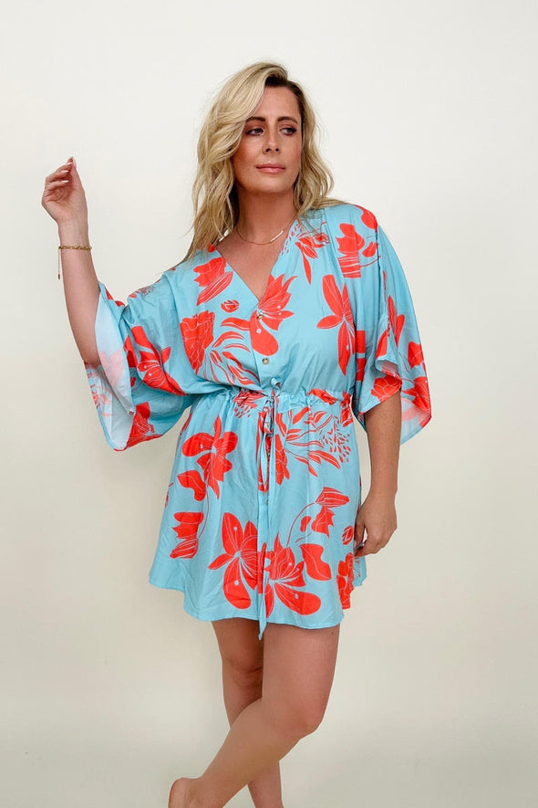 Floral Button Drawstring Batwing Sleeve Mini Dress